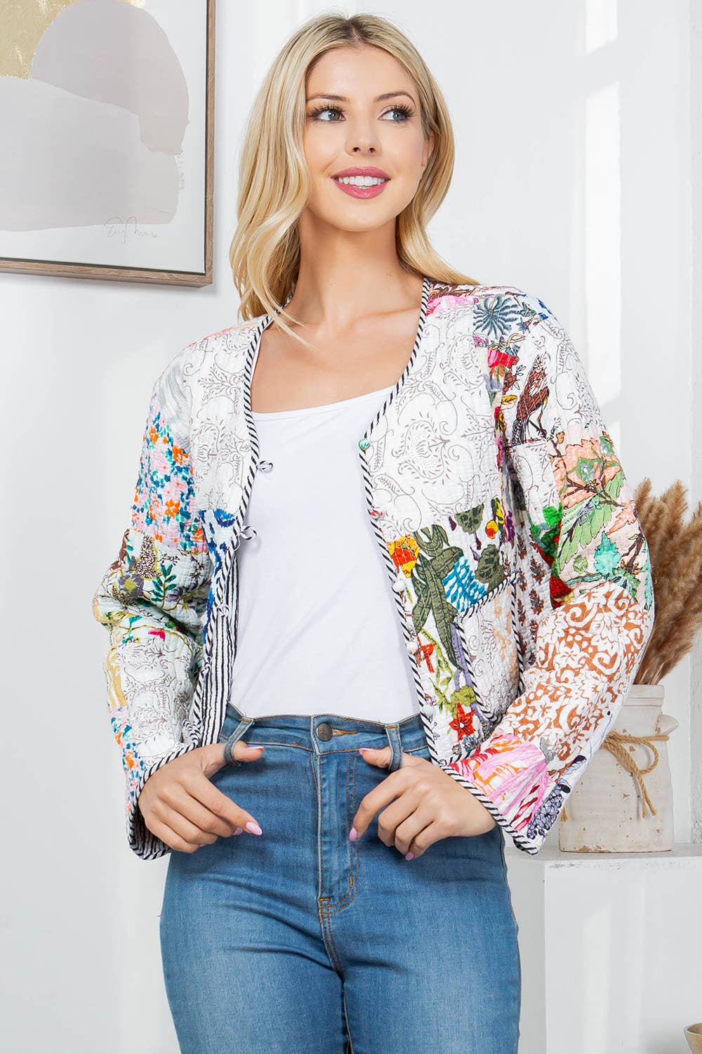 LA Soul - Wholesale Jacket - Women's - Floral Print Quilted Patch Cotton Jacket - White