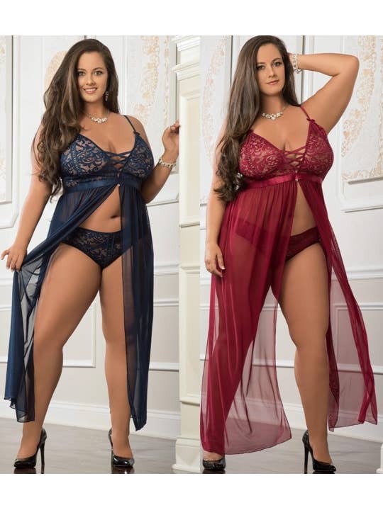 GWorld Intimates - Wholesale Lingerie Set - Women's - D2232PLUS SIZE-2pc Empire Waist Laced Sheer Long Dress&Panty5