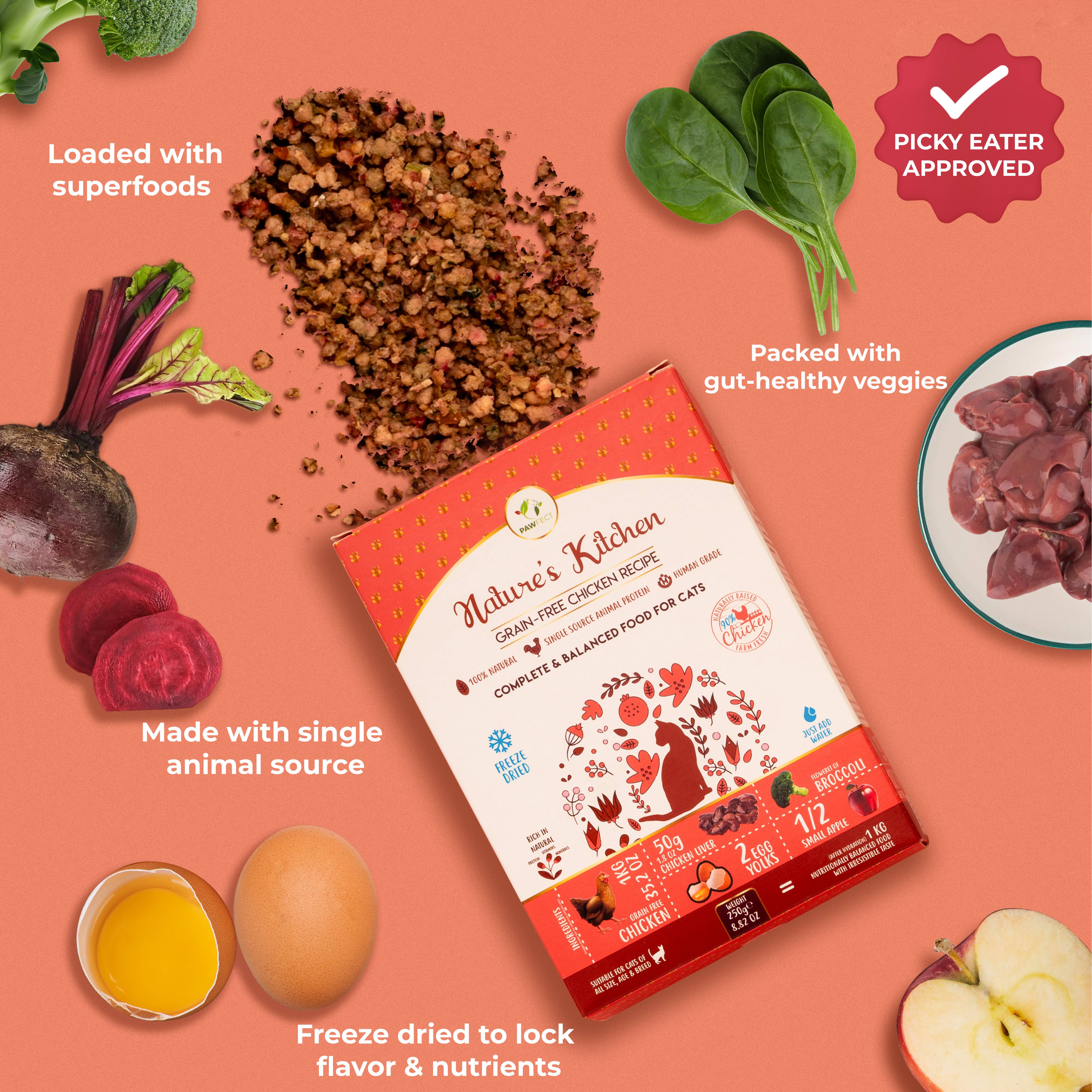 Pawfect Foods – Engroshandel Foder - Kat – Pawfect Nature's Kitchen Frysetørret Kyllingeopskrift Kattemad | Komplet & Afbalanceret Måltid | Magert Protein til Muskel- & Vægtkontrol | 100% Naturlig | Kornfri | Understøtter Vitalitet2