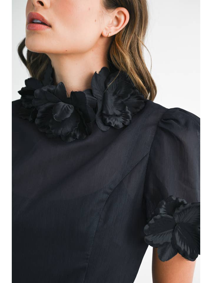 EB LUXE - Wholesale Dress - Women's - RD0026 3D Floral High Neck Short sleeve Midi Dress5