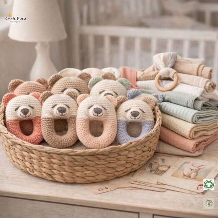 Geassorteerde Kleuren Natuurlijke Gehaakte Beer Bijtring Rammelaar voor wholesale door Omnis Pura