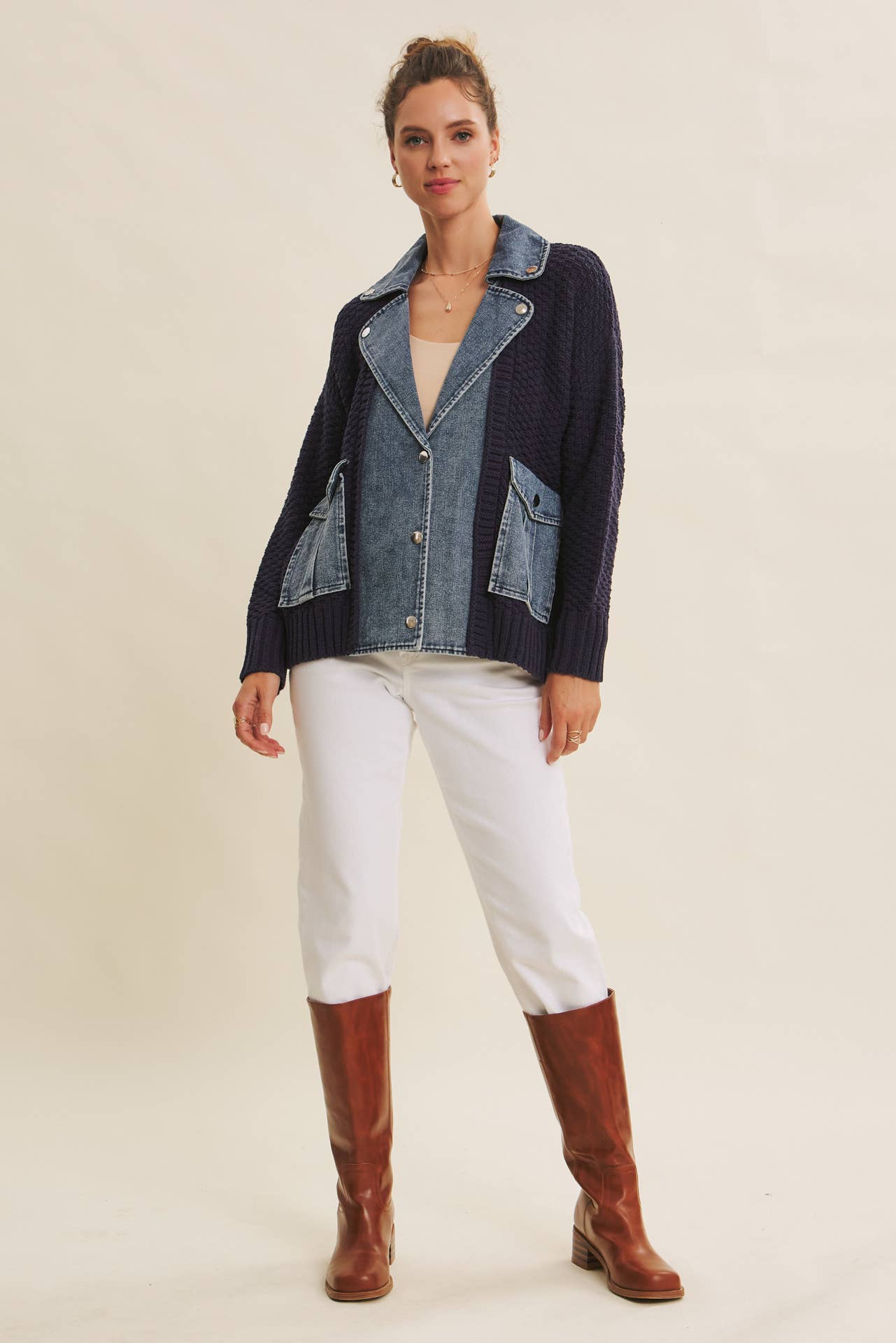 in february - Wholesale Cardigan - Women's - WASHED DENIM AND SWEATER MIXED OVERSIZED CARDIGAN9