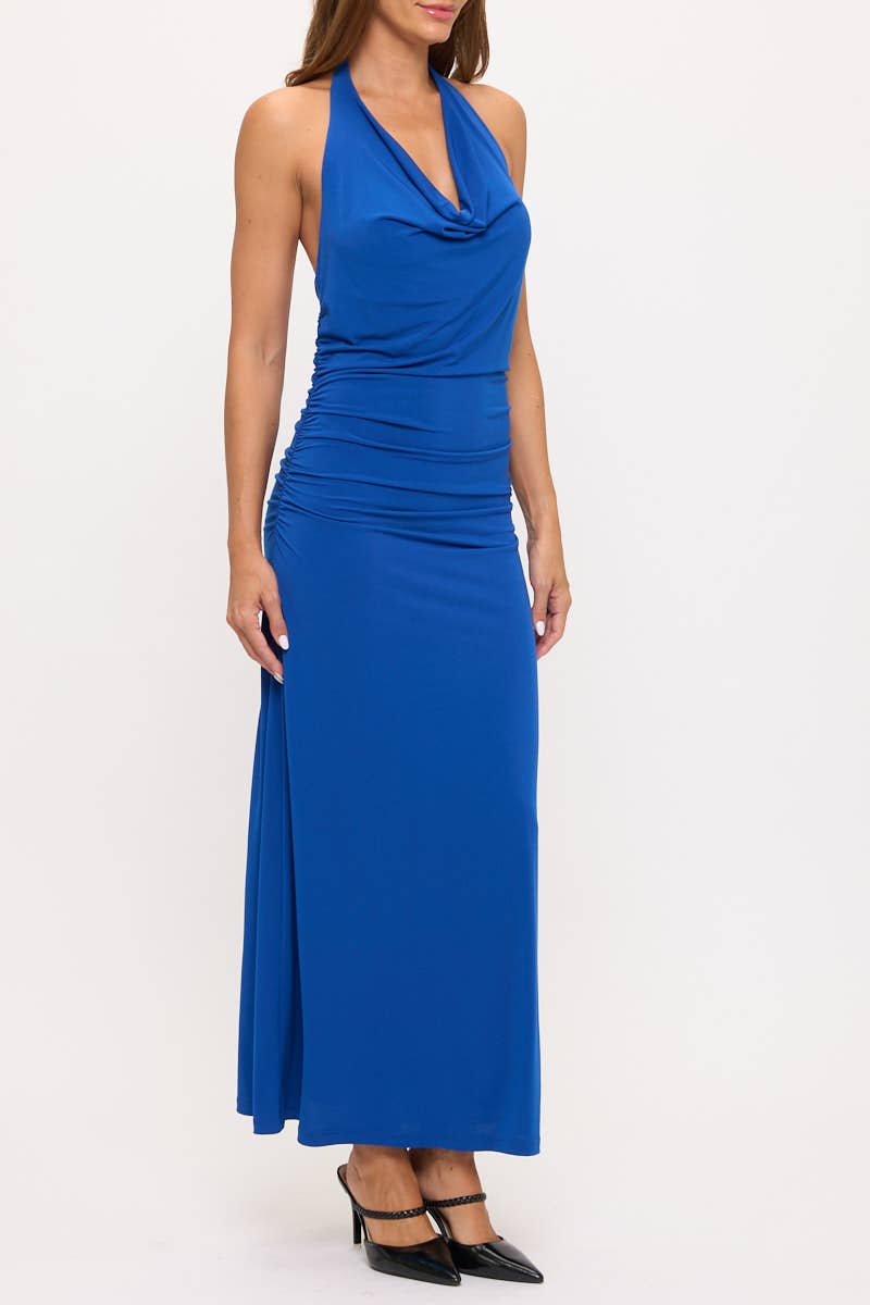 Blue Made in USA Halter Jersey Maxi Dress w Ruched Back for wholesale on Faire2