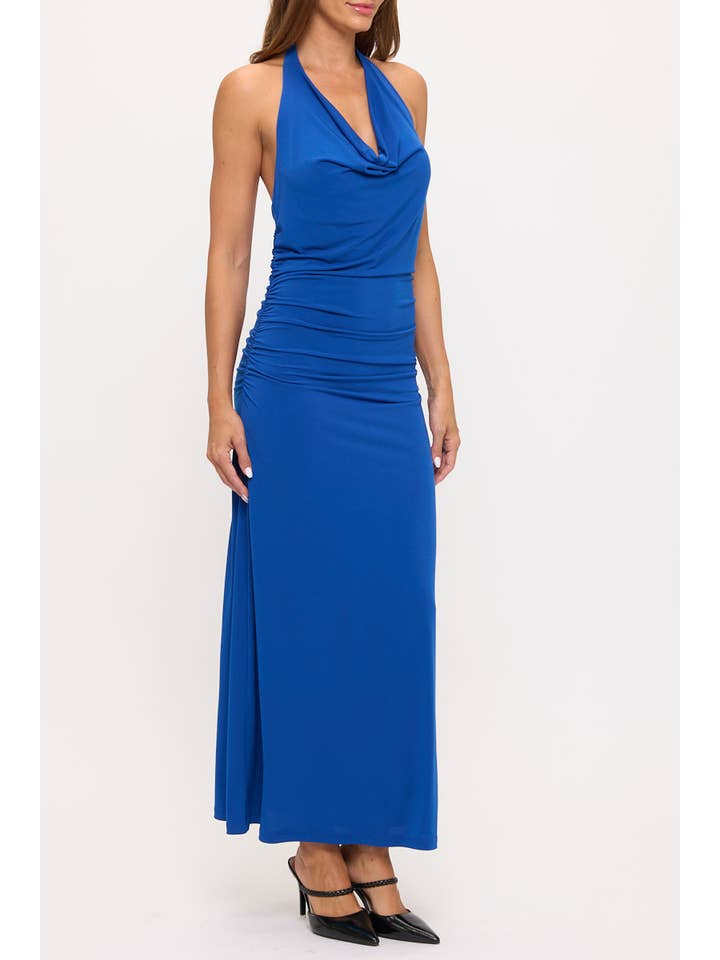 Blue Made in USA Halter Jersey Maxi Dress w Ruched Back for wholesale on Faire2