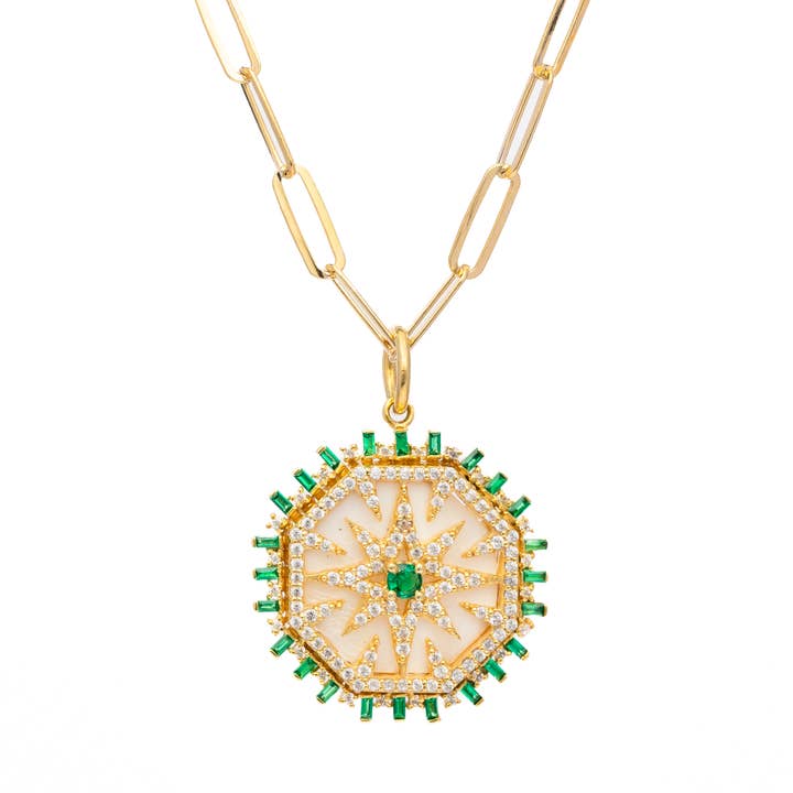 Starburst Necklace with Mother of Pearl, Emerald CZ for wholesale by Rachel Reinhardt