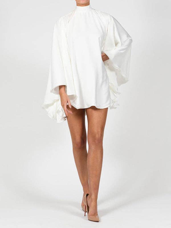 UZ Wholesale Store - Wholesale Dress - Women's - Solid Color High-Neck Backless Flared Sleeves Mini Dress5