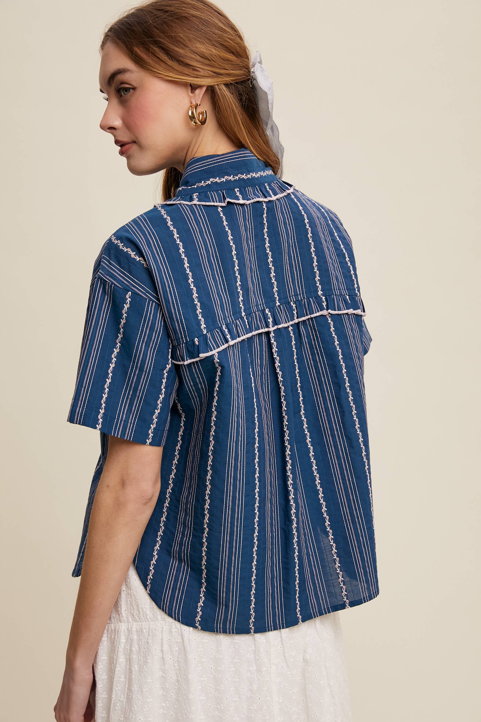 Listicle - Wholesale Button Down Shirt - Women's - Striped Embroidered Button-Down Blouse31