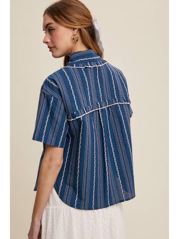 Listicle - Wholesale Button Down Shirt - Women's - Striped Embroidered Button-Down Blouse31