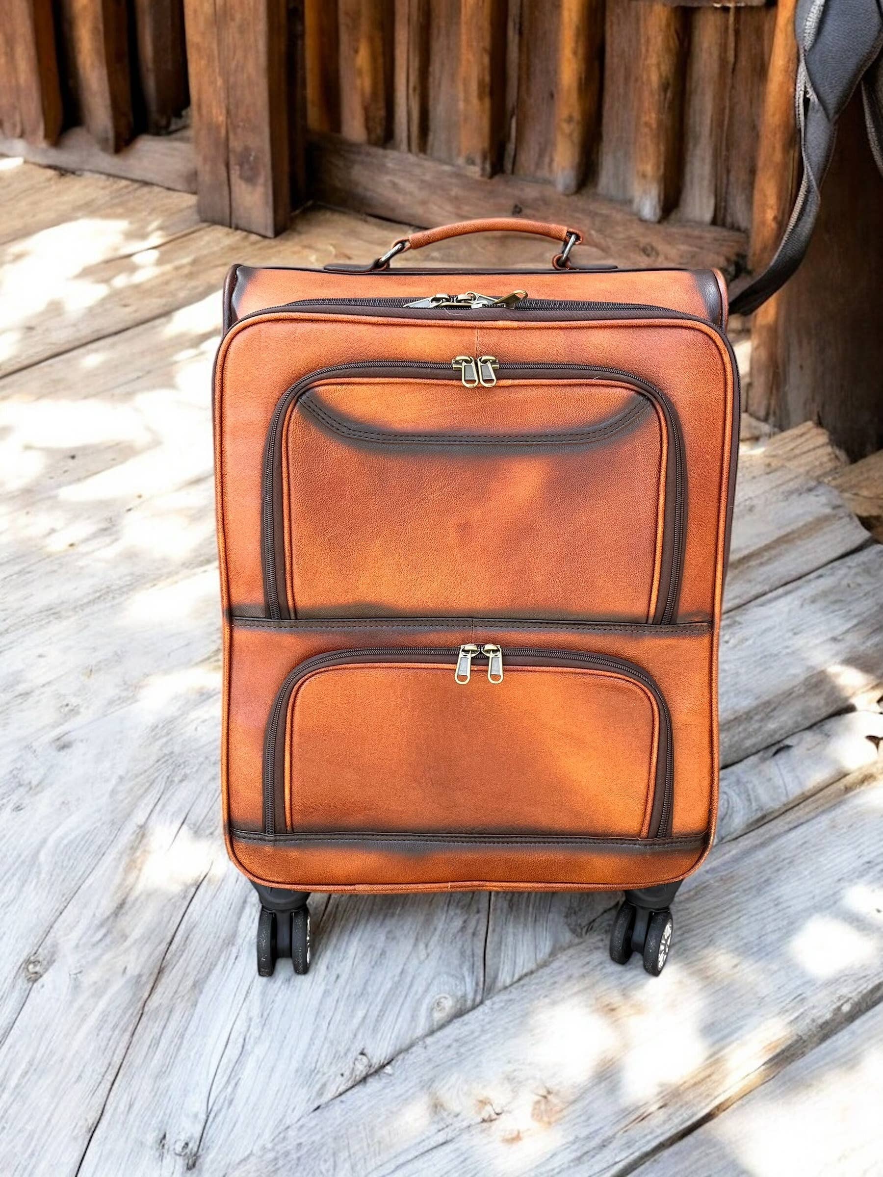Western Linens - Wholesale Luggage - Burn Leather Rolling Suitcase Carry Luggage 2