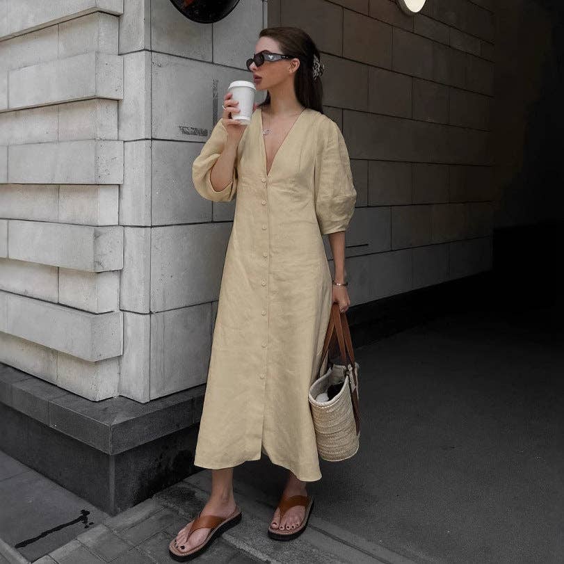 Marayn - Wholesale Dress - Women's - Beige Linen Midi Dress Summer Chic Effortless Style2