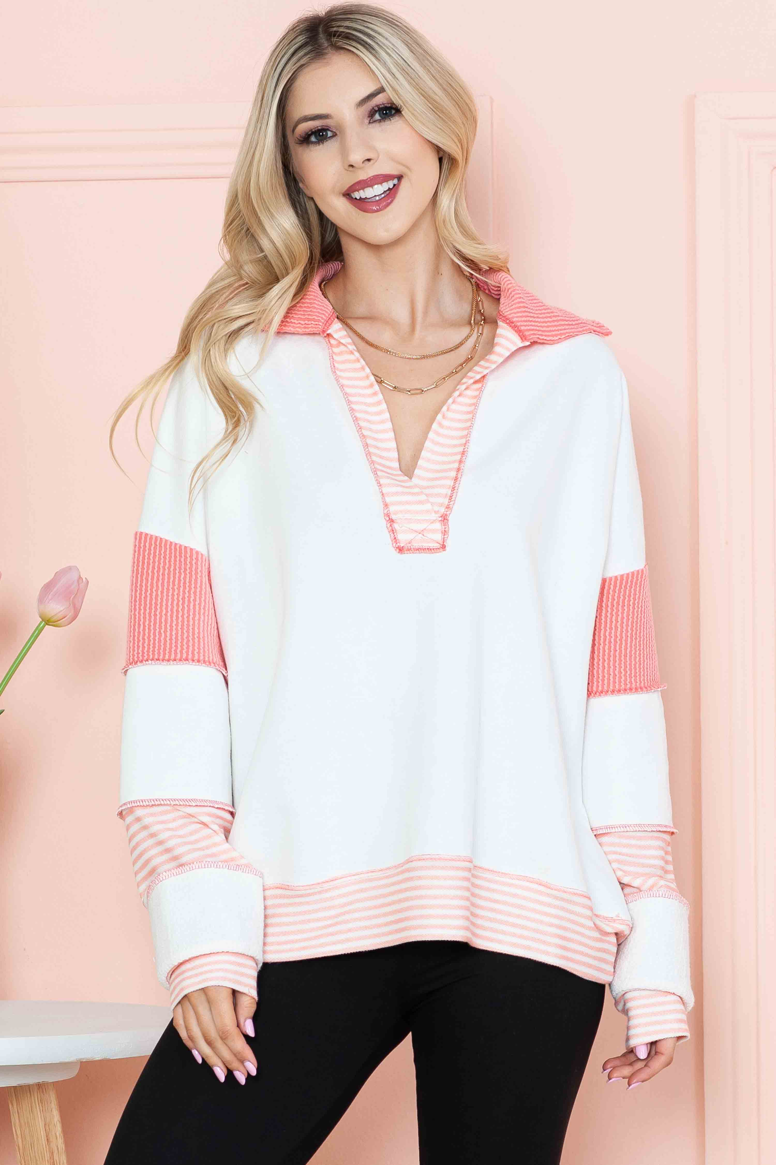 Burgundy Apparel - Wholesale Knit Top - Women's - SOLID LOOSE FIT TOP WITH STRIPE CONTRAST7