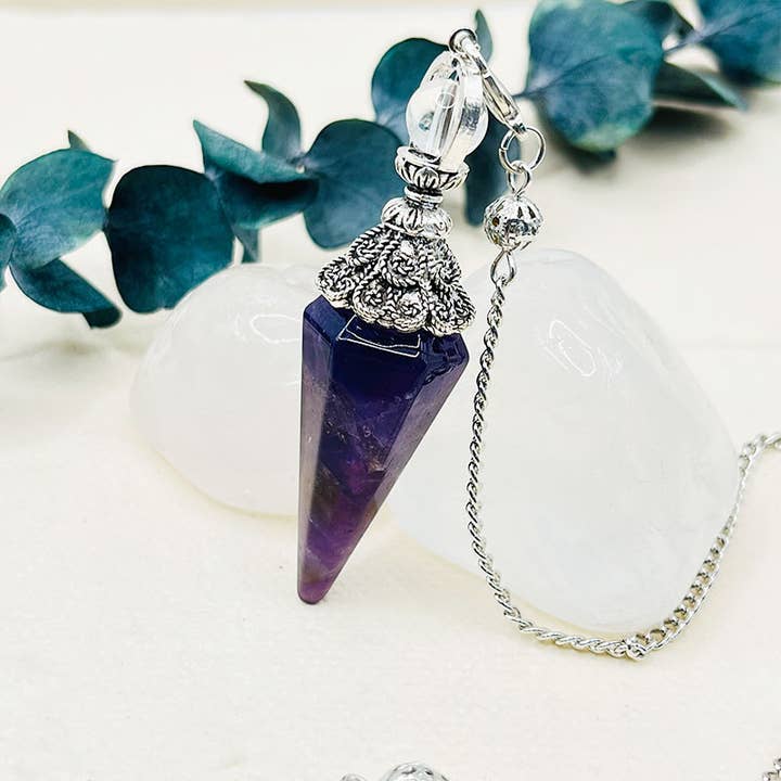 GemMeet - Wholesale Spiritual Stone/Crystal - Amethyst Tiger Eye Pyramidal Hexagon Spirit Pendulum