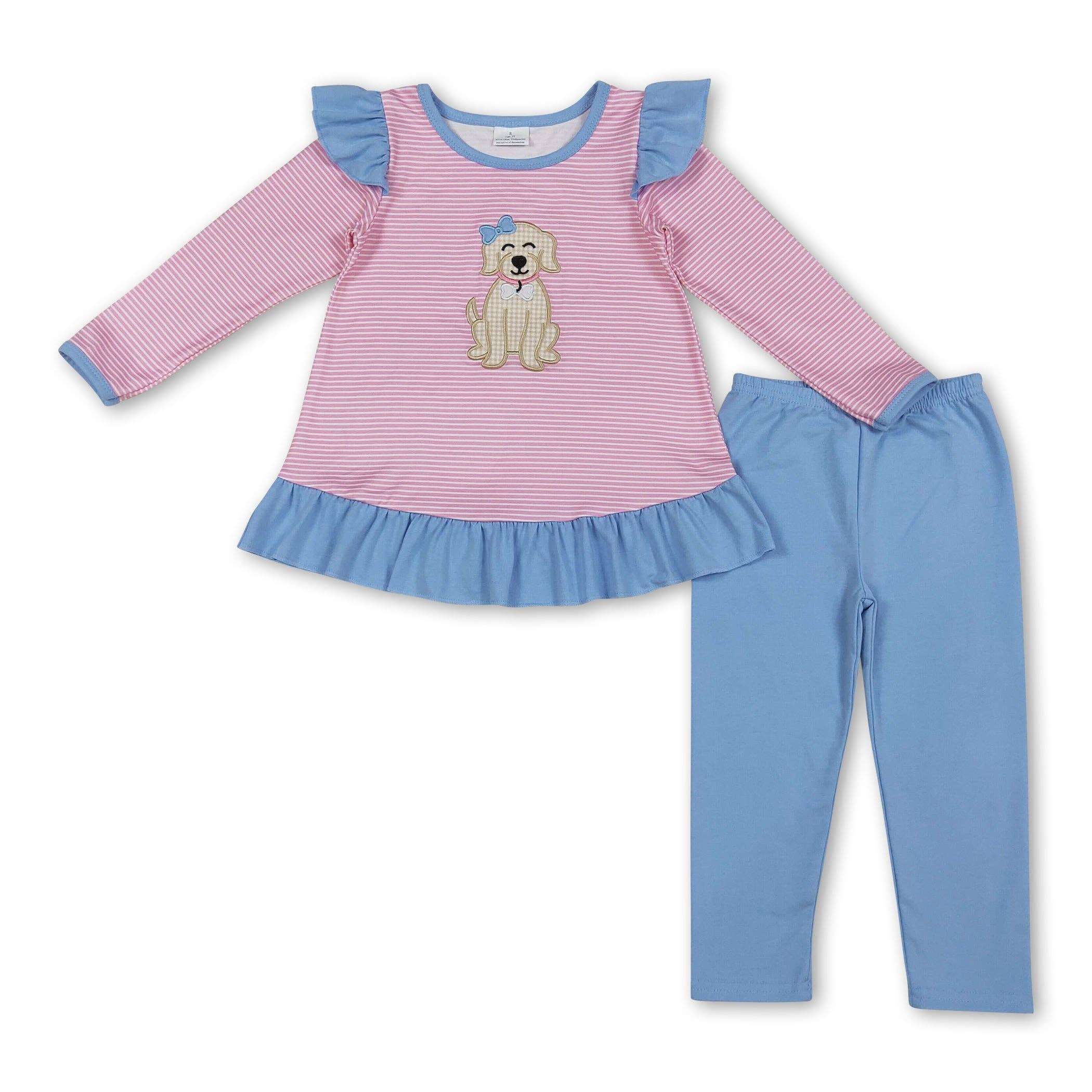 Yawoo Garments - Wholesale Top & Leggings Set - Kids - Long sleeves pink stripe dog top leggings girls clothing0