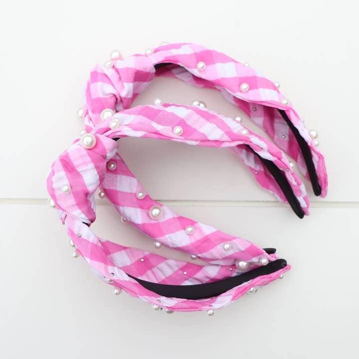 Little Southern Gingham - Wholesale Fashion Headband - Kids - Pink Gingham Pearl Headband2