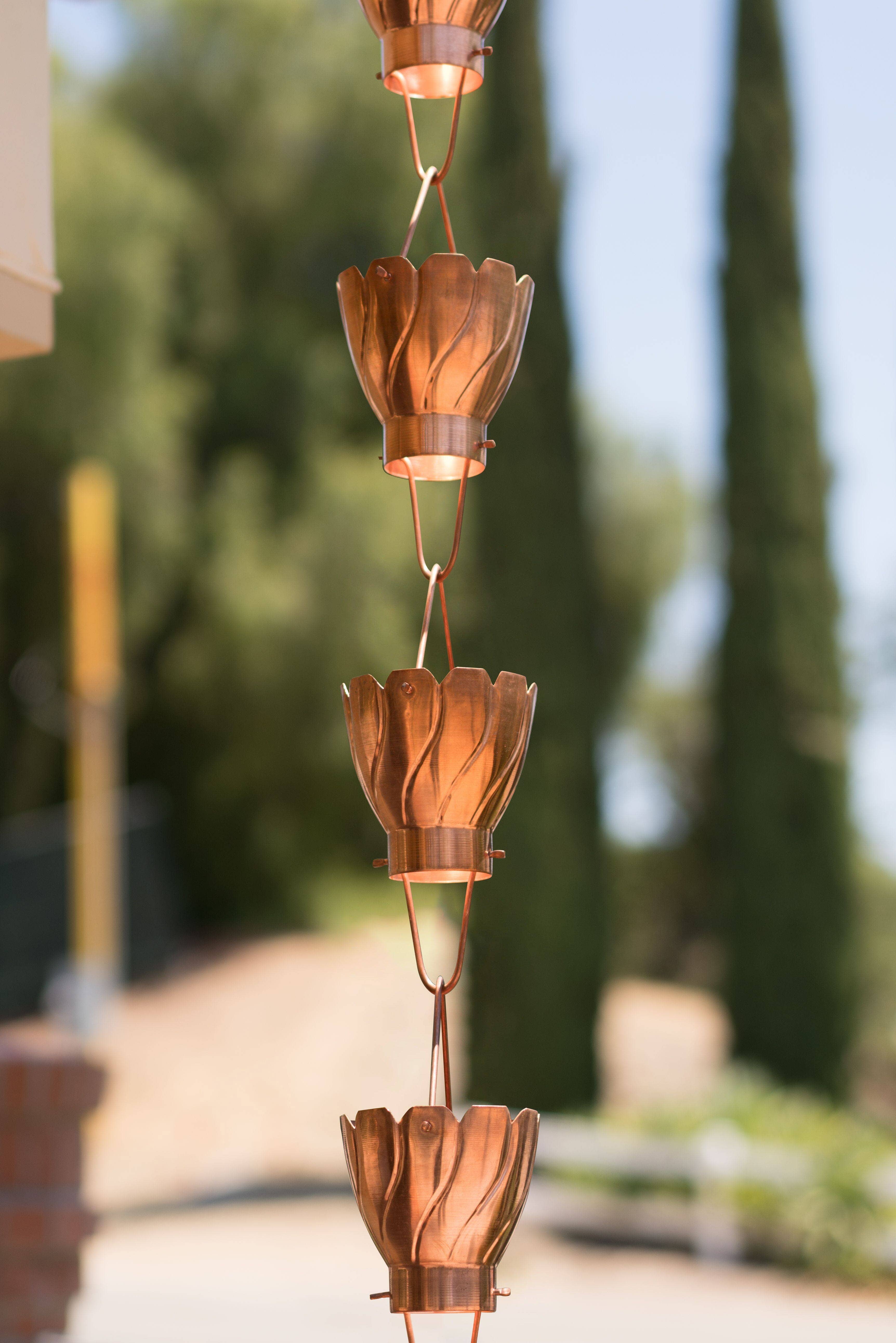 Pure Copper Akira Cup Style Rain Chain Replacement Downspout for Gutters for wholesale on Faire2