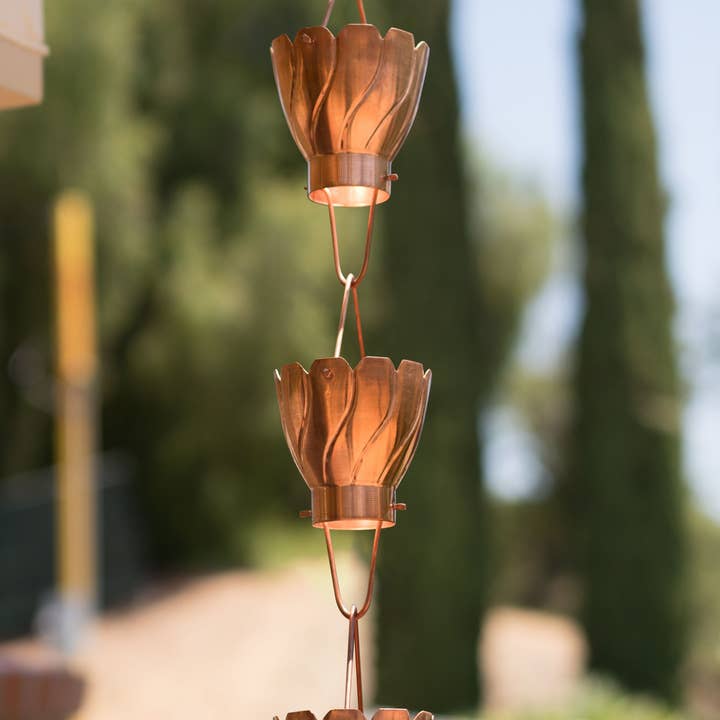 Pure Copper Akira Cup Style Rain Chain Replacement Downspout for Gutters for wholesale on Faire2