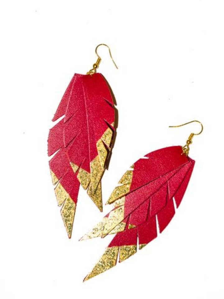Layered Leather Earring- Red/Gold Dipped for wholesale by The Supply Society