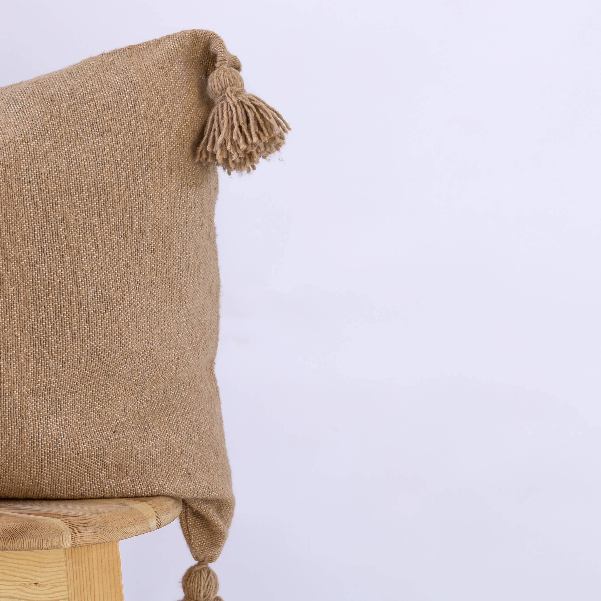 woolsouk ( We handle U.S. import procedures for you ) – wholesale Throw/decorative pillow – Handwoven Moroccan Wool Cushion with Pom Poms -Light Beige3