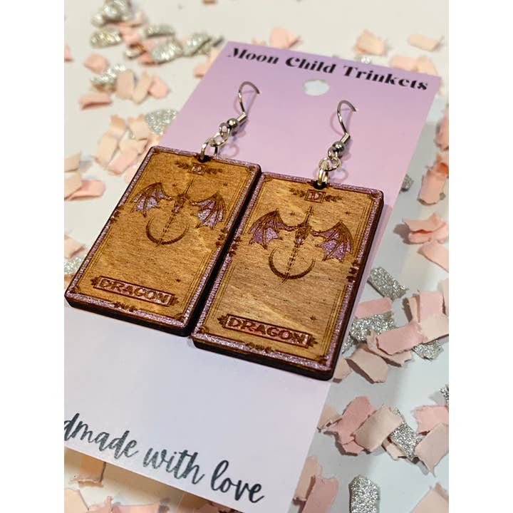 Moon Child Trinkets - Wholesale Dangle Earrings - Dragon Tarot Card Fantasy Hand Painted Wood Dangle Earrings