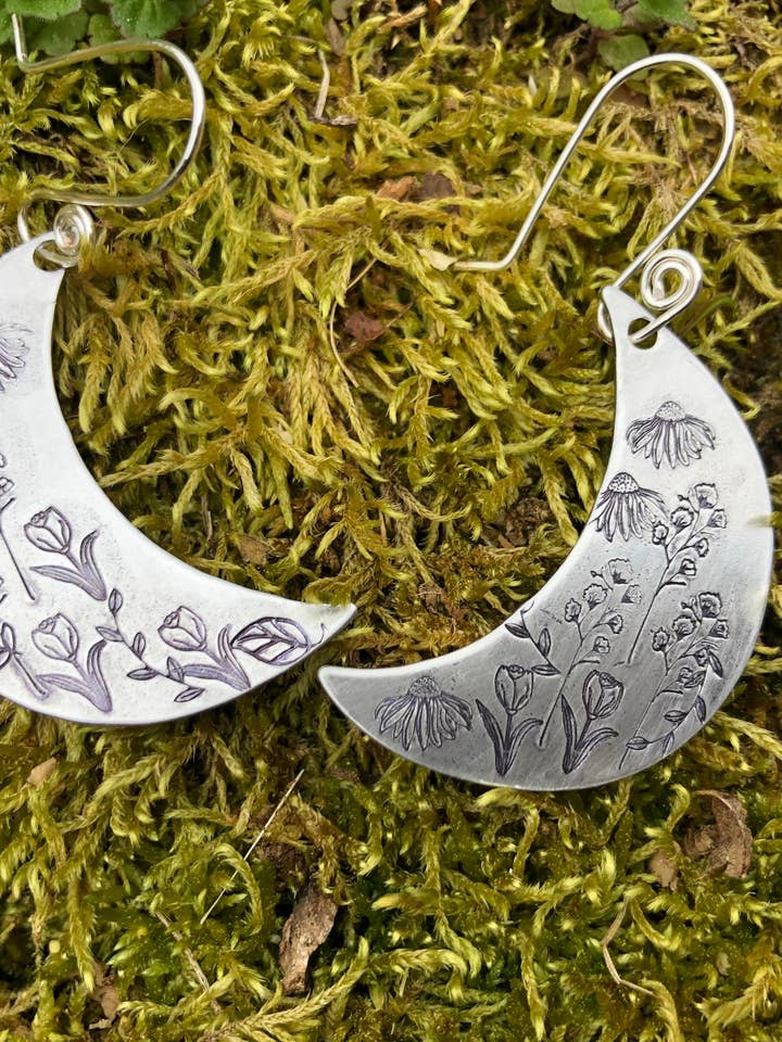 Wildflower moon earrings in silver earrings, large for wholesale by Rising Dawn Boutique