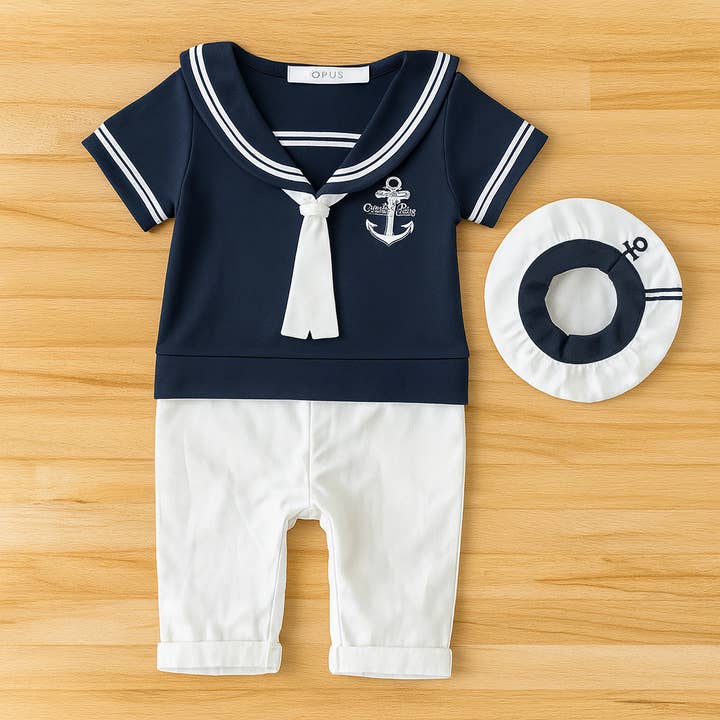 Marinblå Sailor Cotton Baby Romper & Hatt för wholesale av Fennco Styles