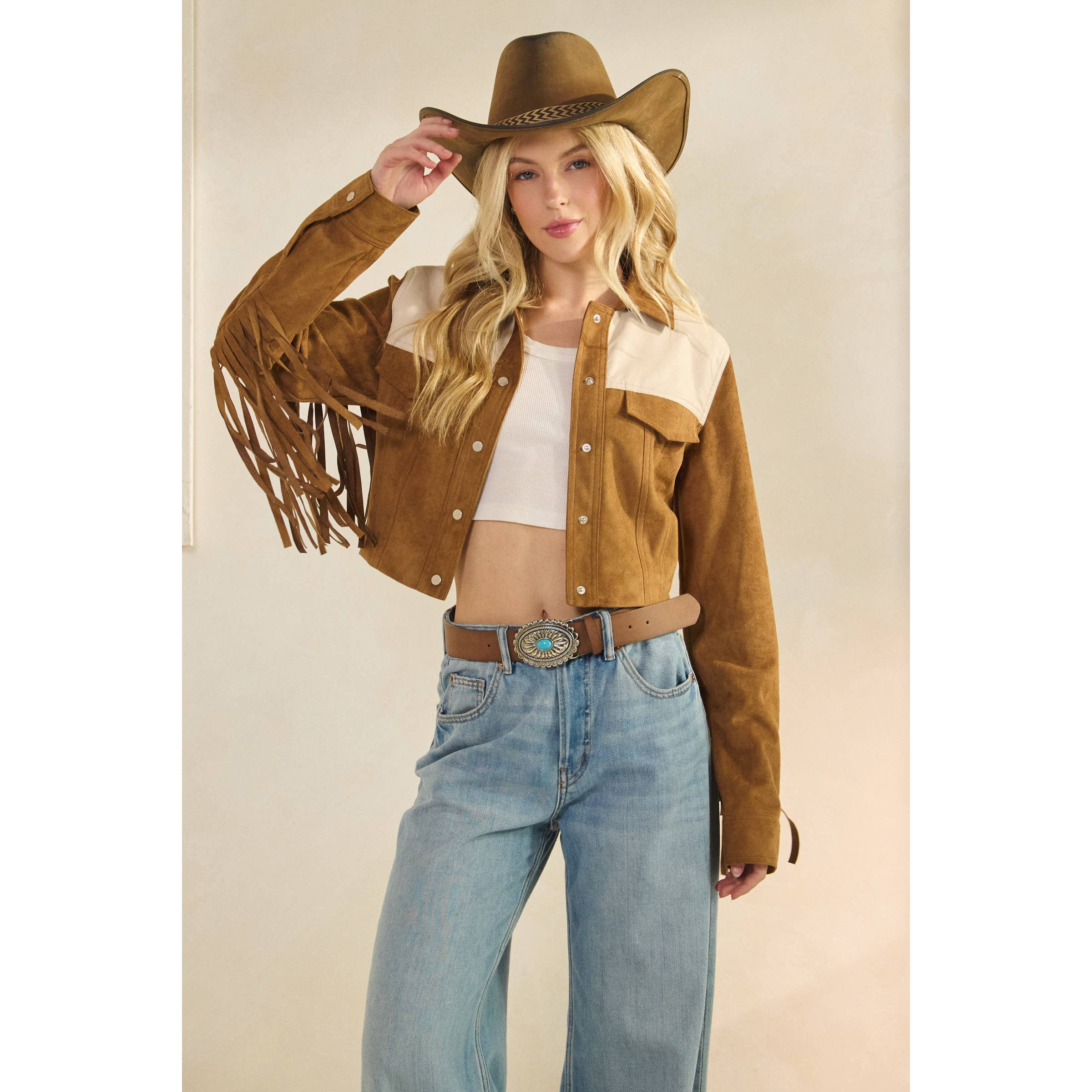Camel Suede Jacket with Fringe Detail for wholesale on Faire