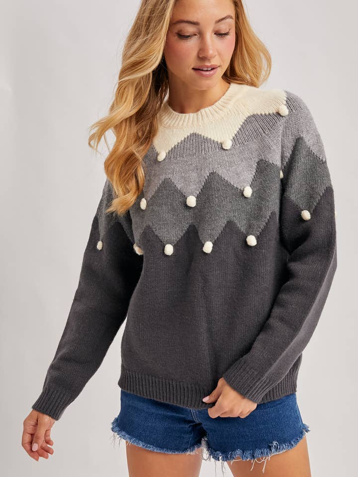 Bluivy - Wholesale Knitted jumper – Women′s - CHEVRON COLOR-BLOCKED POM-POM KNIT SWEATER8