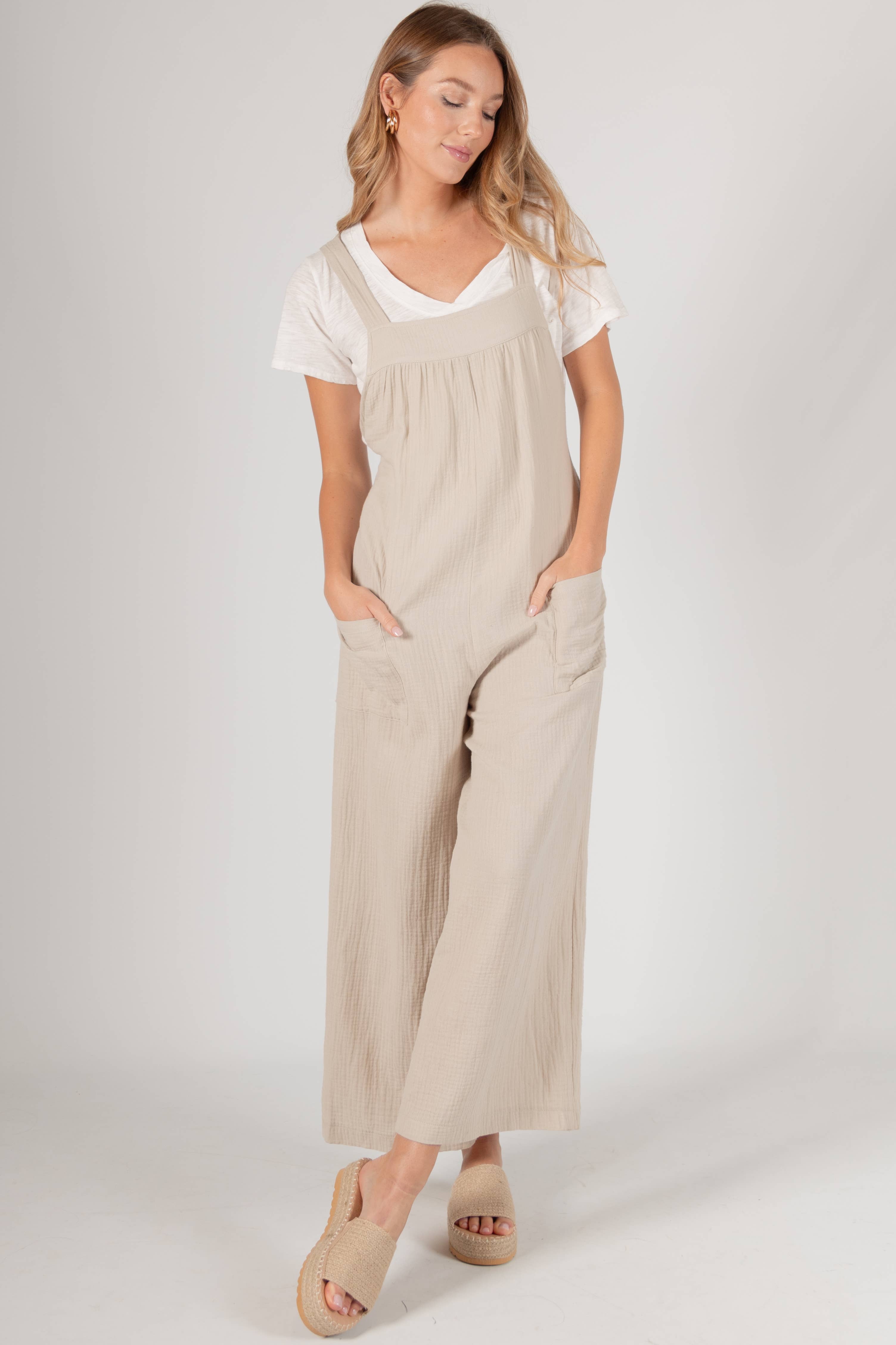 Sand Slubbed Gauze Wide Leg Overalls for wholesale on Faire0
