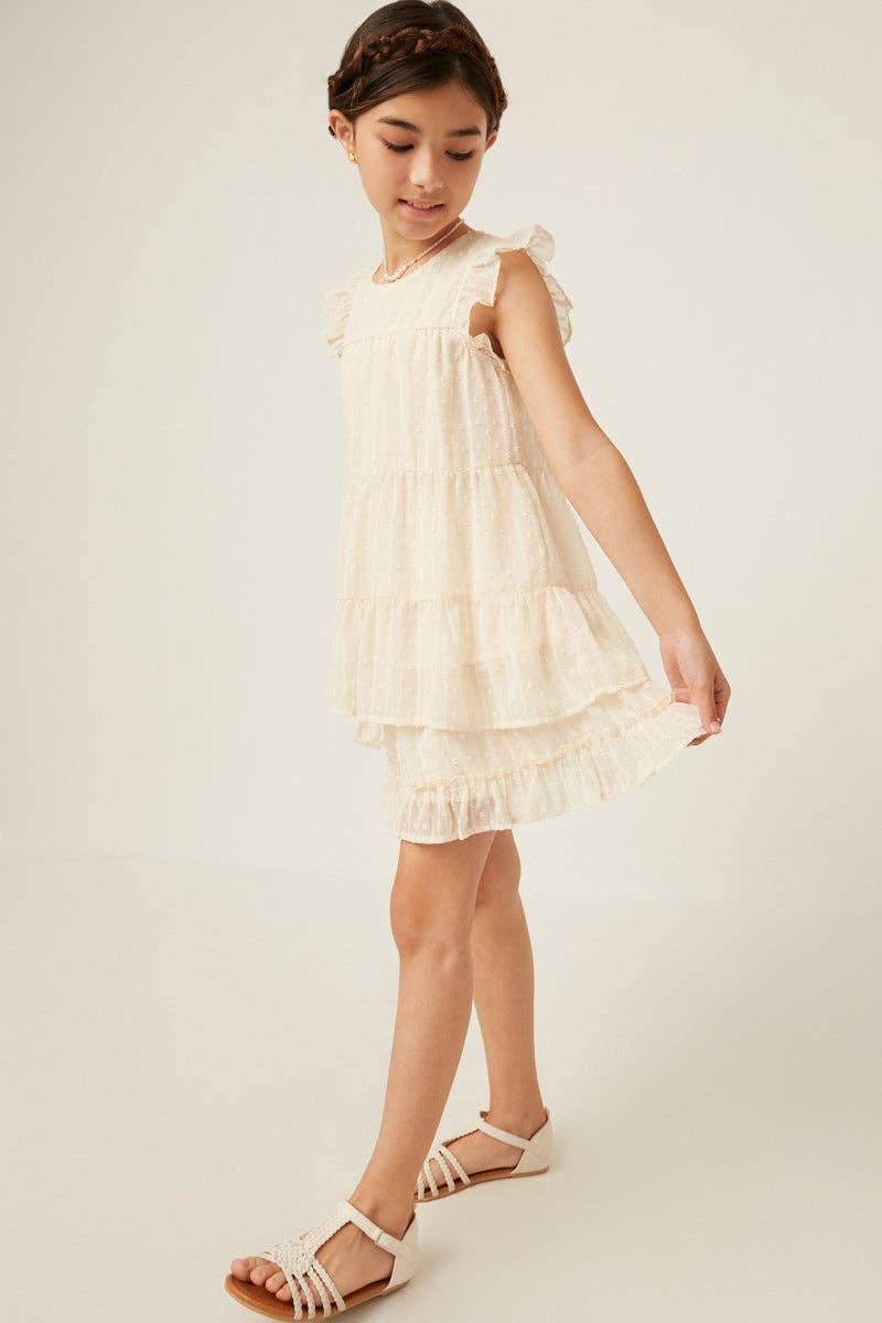 Cream Girls Textured Stripe Swiss Dot Ruffled Tiered Top for wholesale on Faire5