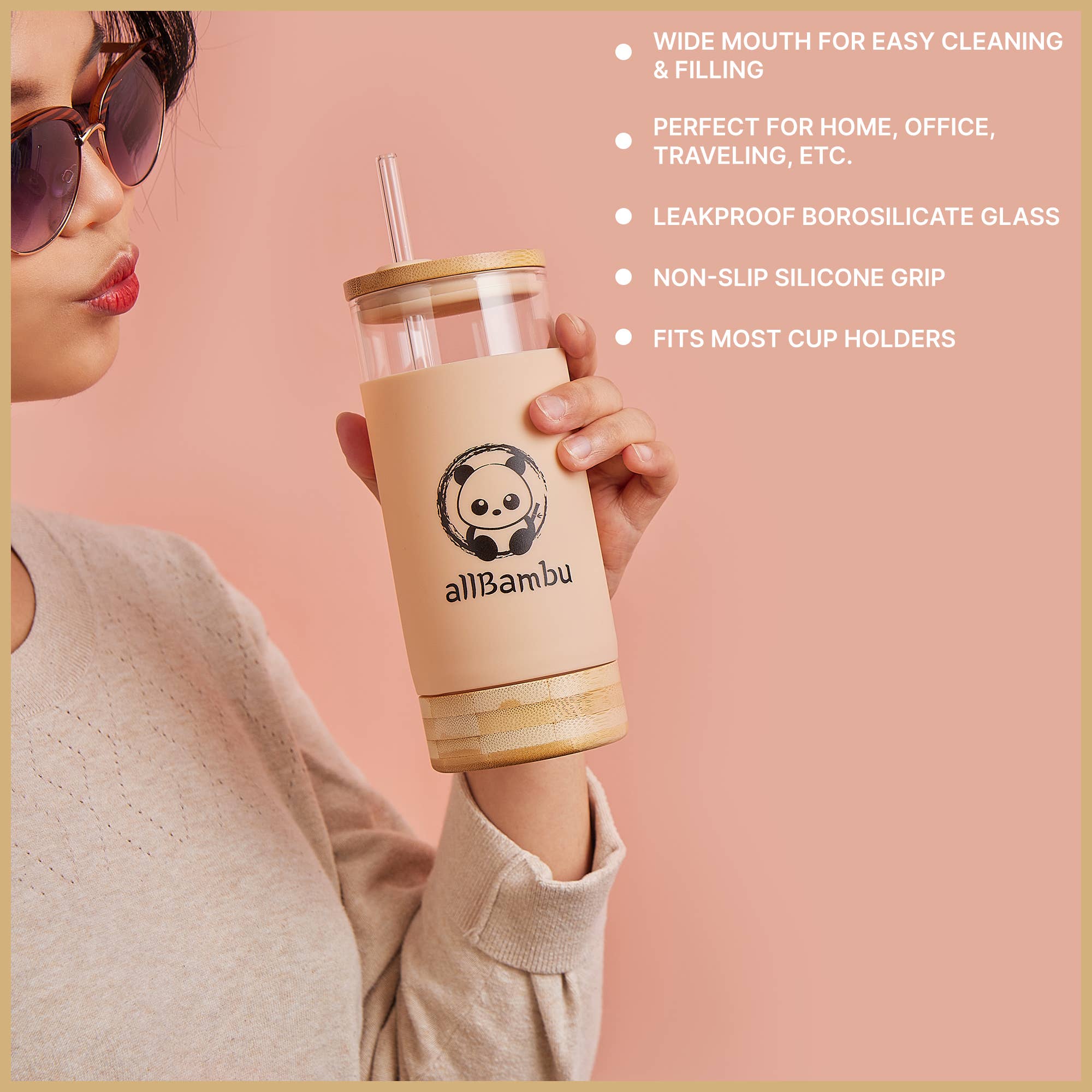 allBambu Inc - Wholesale Drinking Glass/Cup - Glass Tumbler, Glass Coffee Cup with Bamboo Lid & Straw 20oz4