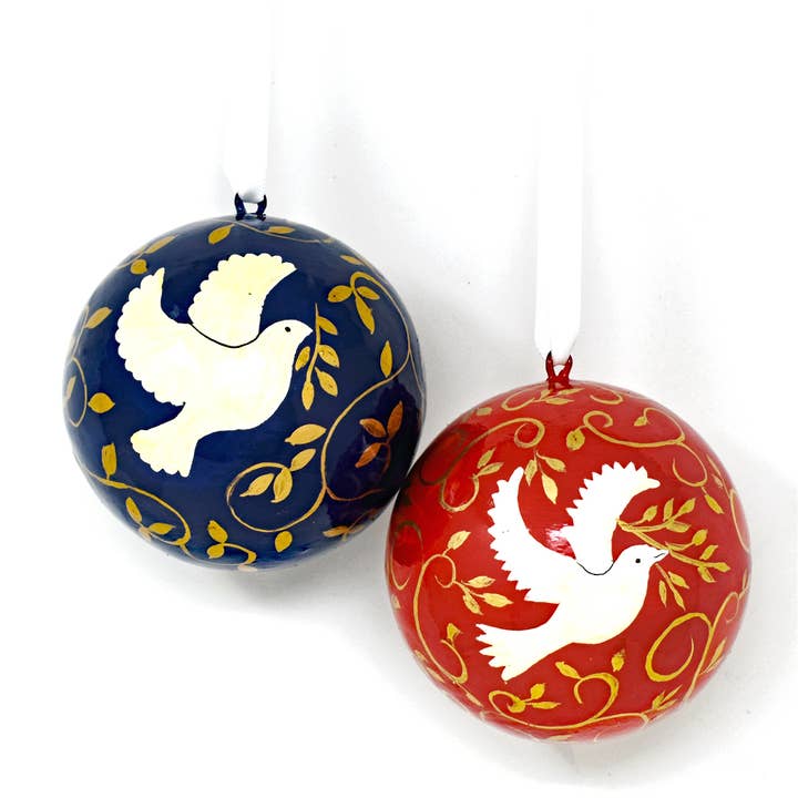 Hand painted papier-mâché traditional Dove Christmas baubles for wholesale by Fair to Trade Ltd