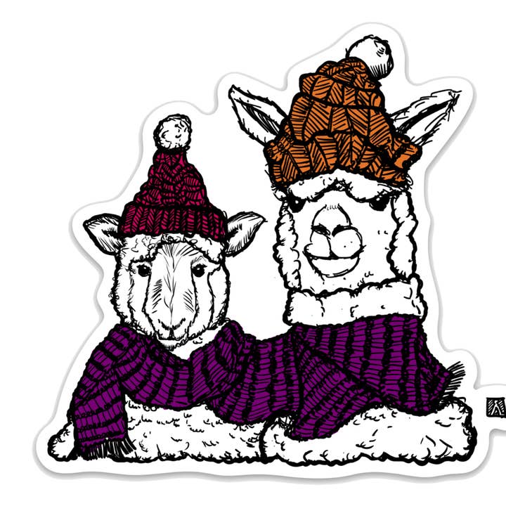 Una oveja y una alpaca amigas junto con sombreros de punto para venta al por mayor de Bellavance Ink