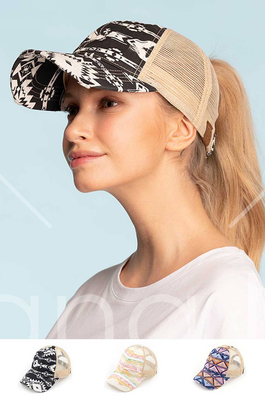 Hana - Wholesale Ponytail Cap - Women's - C.C Aztec Pattern Mesh Back Ponytail Baseball Cap4