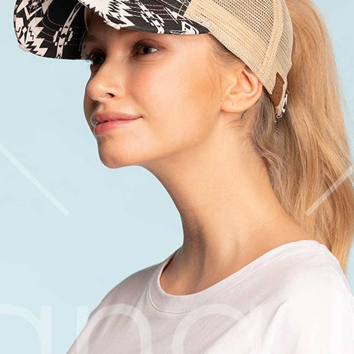 Hana - Wholesale Ponytail Cap - Women's - C.C Aztec Pattern Mesh Back Ponytail Baseball Cap4