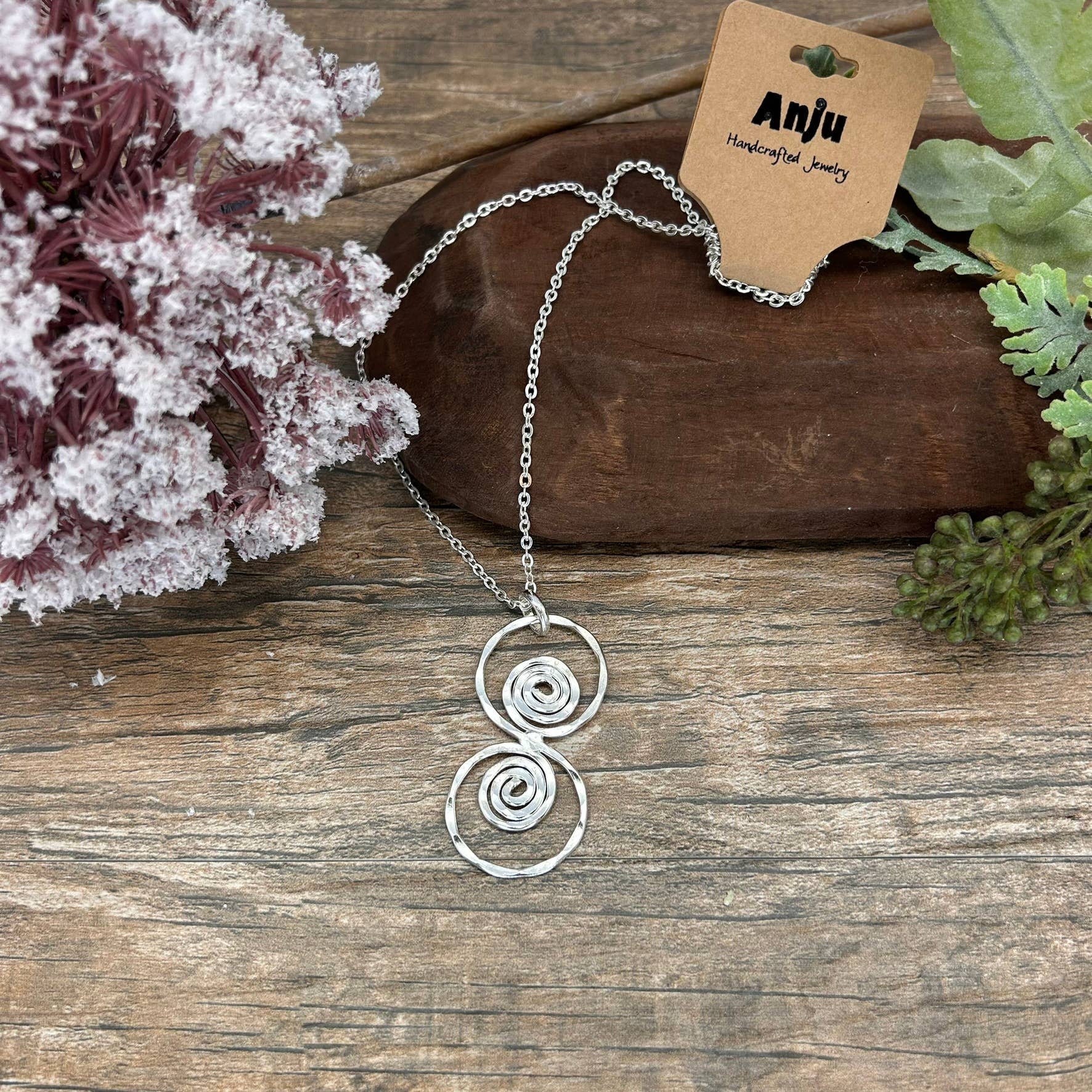 Anju Jewelry - Wholesale Pendant/Charm Necklace - Silver Plated Pendant Necklace - Two Circles With Spirals1