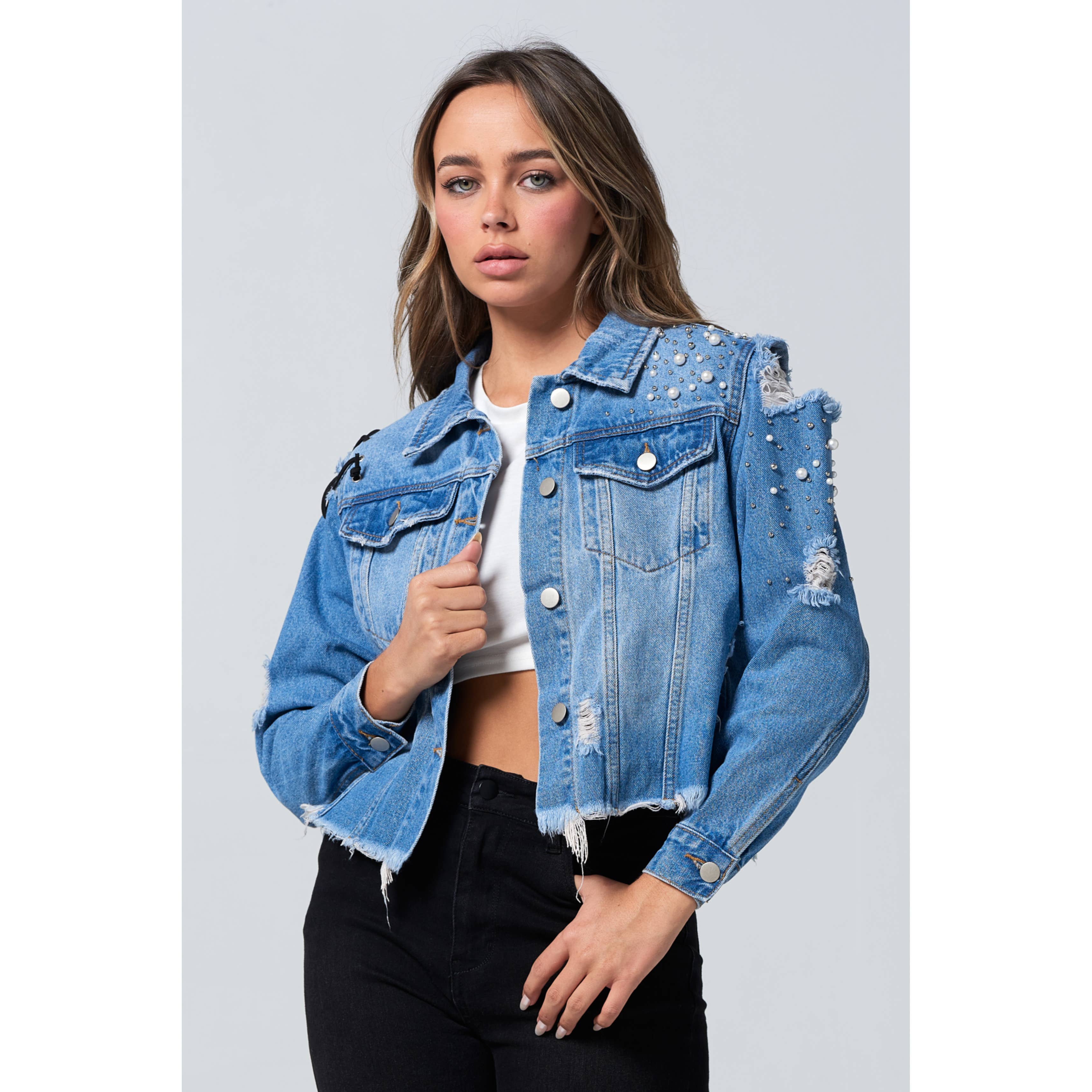 Blue Turtle – wholesale Denim jacket – Women's – Slay Em Distressed Pearl and Rhinestone Denim Jacket Black6