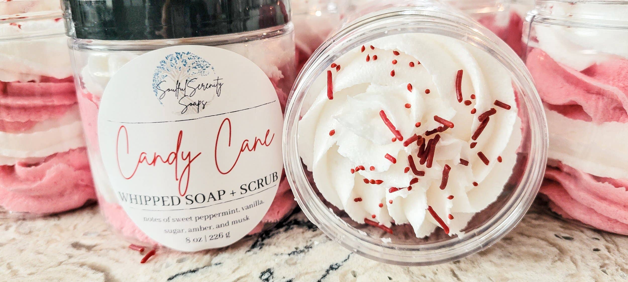 Soulful Serenity Soaps - Wholesale Whipped Soap - Candy Cane Whipped Soap + Scrub1