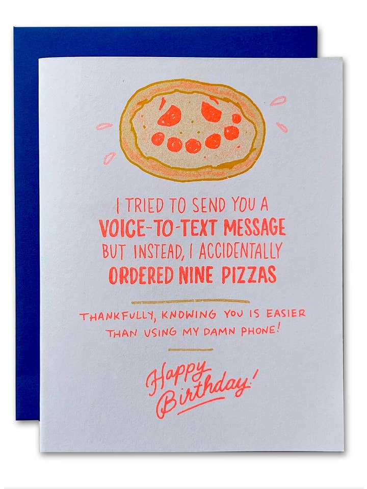 Voice-To-Text Pizza Bday Risograph Greeting Card for wholesale by Ladyfingers Letterpress