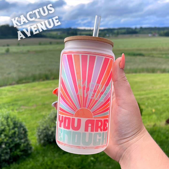 You Are Enough - Positive Frosted Glass Can for wholesale by Kactus Avenue