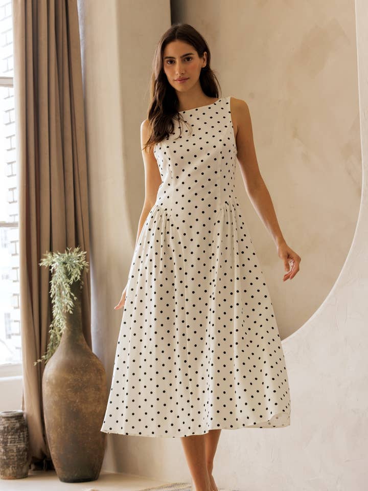 JD10237 - POLKA DOT FIT AND FLARE MIDI DRESS for wholesale by STORIA