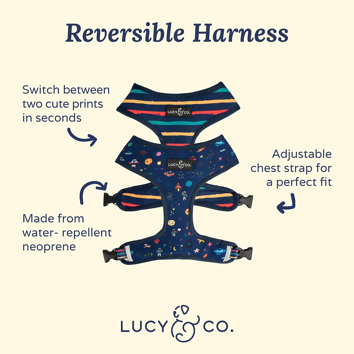 Lucy & Co. - Wholesale Pet Harness - Dog - Space Doodle Reversible Harness3