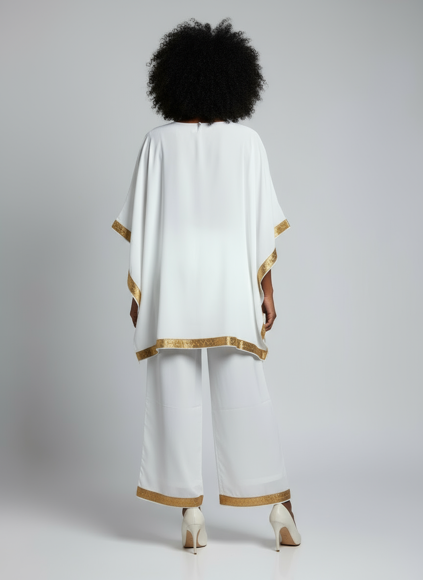 India Batik - Wholesale Kaftan - Women's - kaftan Palazzo Set White And Gold - kP052