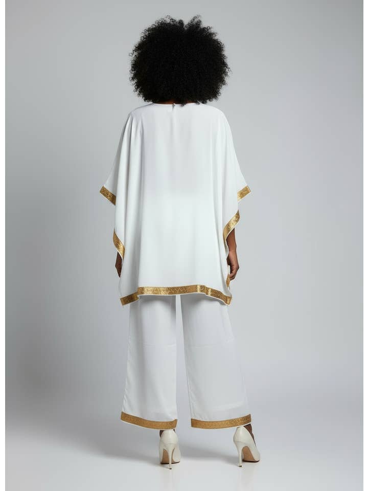 India Batik – Großhandel Kaftan – Damen – Kaftan Palazzo Set Weiß und Gold - kP052