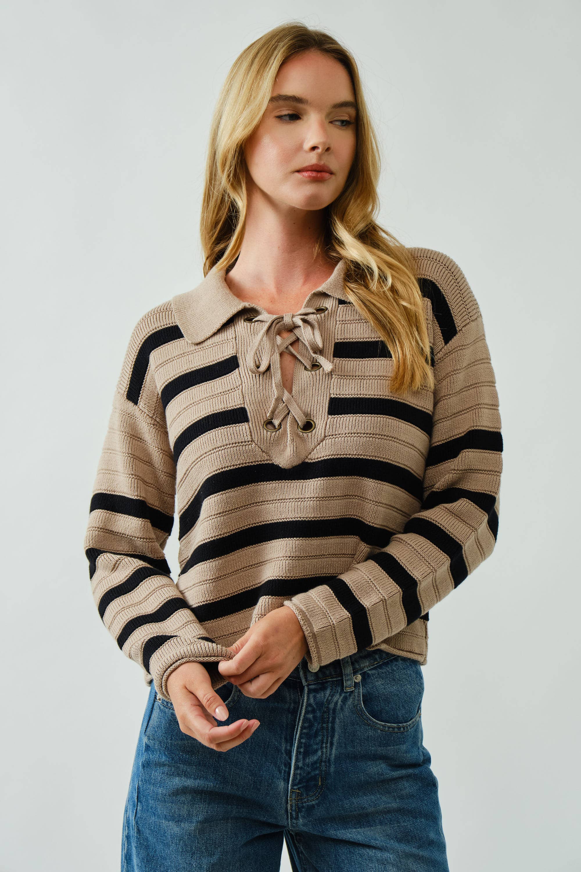 Aaron & Amber - Wholesale Knit Sweater - Women's - AJT5089 LACE UP RELEXED FIT STRIPE SWEATER1