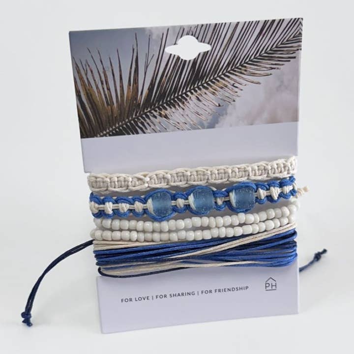 Palm Card Beach Glass Pull Bracelets Set/4 for wholesale by Pink House Imports