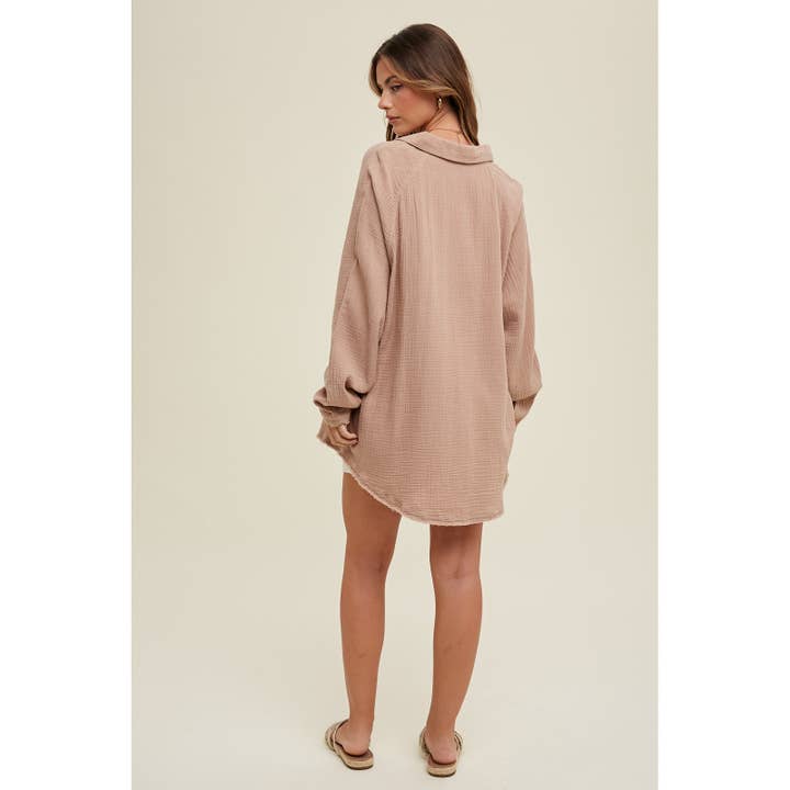 MOKA TOP ABBOTTONATO IN GARZA DI COTONE CON BORDO GREZZO/WL23-8207 in vendita all'ingrosso su Faire3