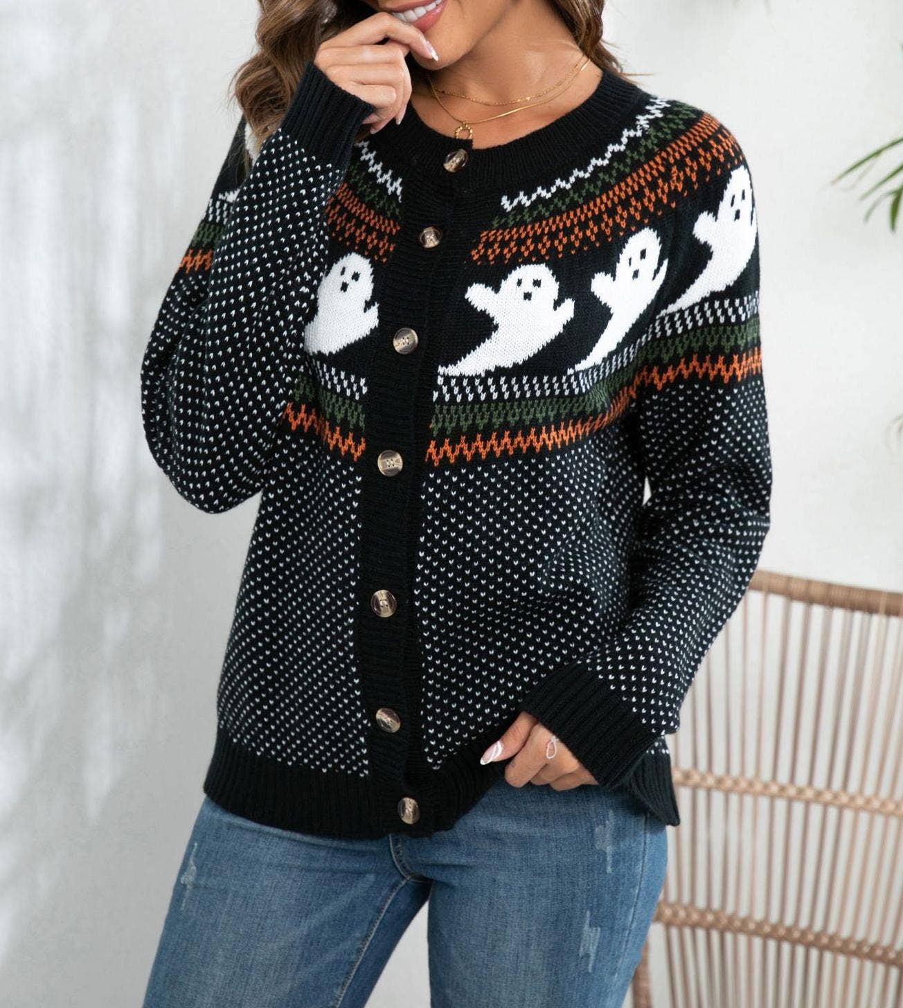 Black Halloween Ghost Pattern Button Front Knit Cardigan for wholesale on Faire0