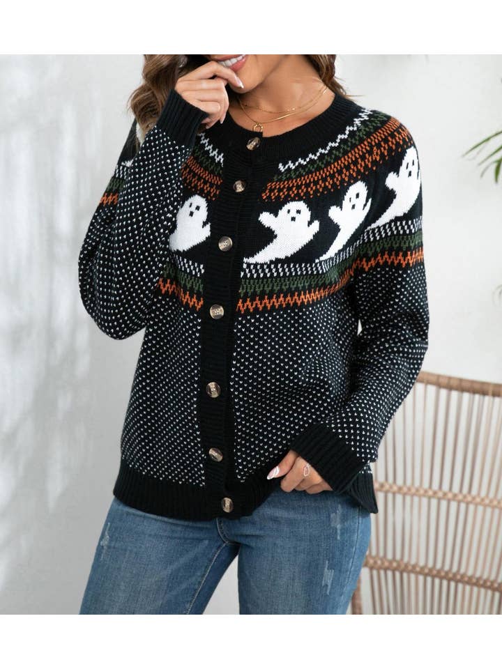 Black Halloween Ghost Pattern Button Front Knit Cardigan for wholesale on Faire
