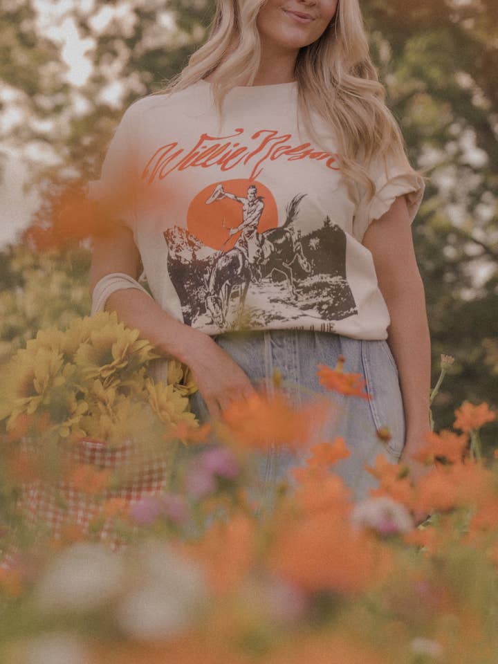 LivyLu - Wholesale Screen Printed T-Shirt - Unisex - Willie Nelson Country Willie Off White Thrifted Graphic Tee 4