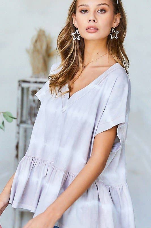 GREY V Neck Drop Shoulder Baby Doll Tie-Dye Top for wholesale on Faire0